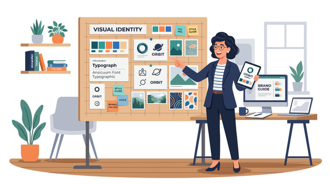 Designer presenting visual identity mood board and brand elements.