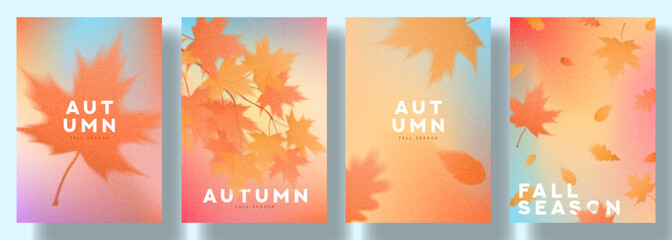 Fototapeta premium Abstract autumn gradient style posters set. Vector fall season cards with blurred falling autumn foliage for decoration seasonal sale, advertising, branding, promotion, cards. Trendy gradient flyers.