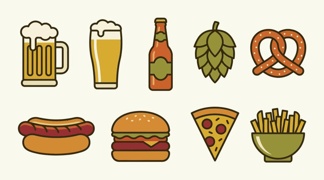 A collection of colorful flat icons depicting popular pub food and drinks