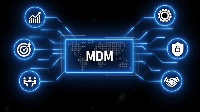 MDM (Mobile Device Management) concept.blue Neon digital technology background.4k animation video.