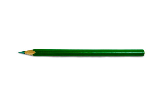 A sharpened green colored pencil placed horizontally, isolated on a solid black background, representing creativity, education, and art tools