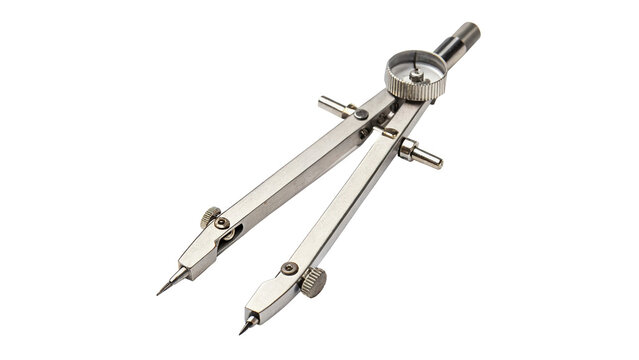 Stainless steel drafting compass divider geometry mathematics engineering tool isolated on transparent background