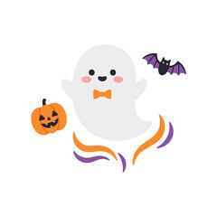 Fototapeta premium Cute cartoon ghost wearing a bow tie with a pumpkin and bat