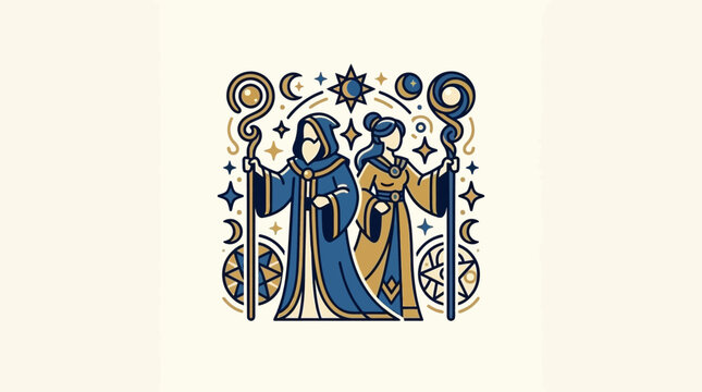 A wizard and sorceress stand together with staffs and cosmic symbols