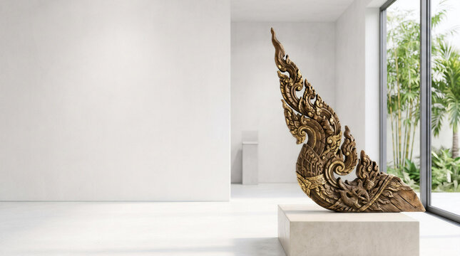 Antique Thai wooden carved sculpture on display in a modern minimalist interior with copy space