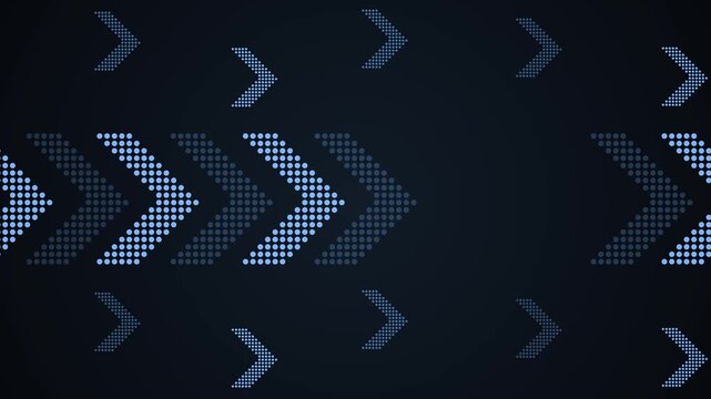 Abstract dark technology background with dotted chevron arrows pointing right in gradient animation