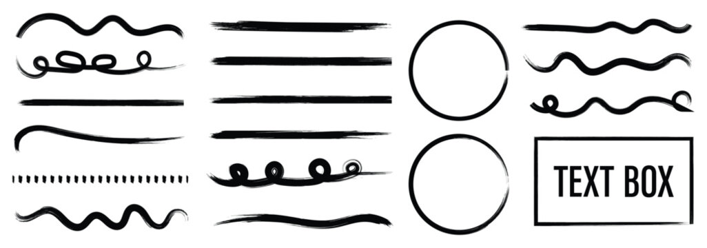 black brush stroke underline collection. Hand drawn brush line pencil stroke doodle pen marker red scribble texture. Doodle scribble ink sketch strike through note sign texture grunge. Vector