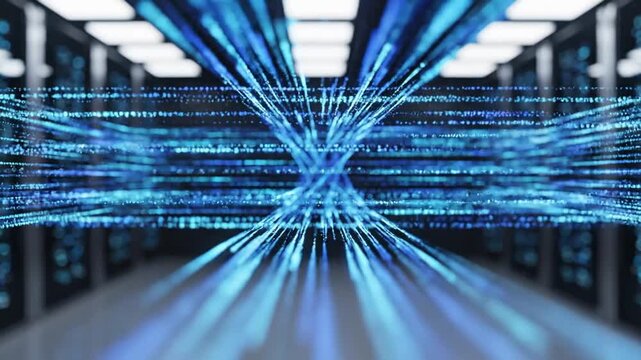 A glowing blue digital data stream inside a server room