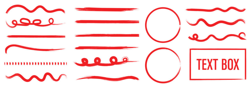 black brush stroke underline collection. Hand drawn brush line pencil stroke doodle pen marker red scribble texture. Doodle scribble ink sketch strike through note sign texture grunge. Vector