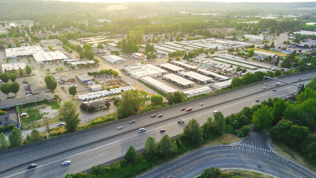Warehouse parks utilize paved lots for overflow trailer parking near Central Kent, suburbs Seattle. High efficiency freight management remains standard for major supply chains operating across WA