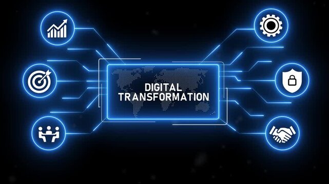 Digital Transformation concept , productions, module icon set.blue Neon digital technology background.4k animation video.