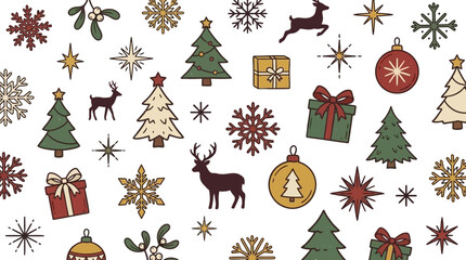 Festive hand drawn Christmas elements featuring reindeer trees and snowflakes © aji