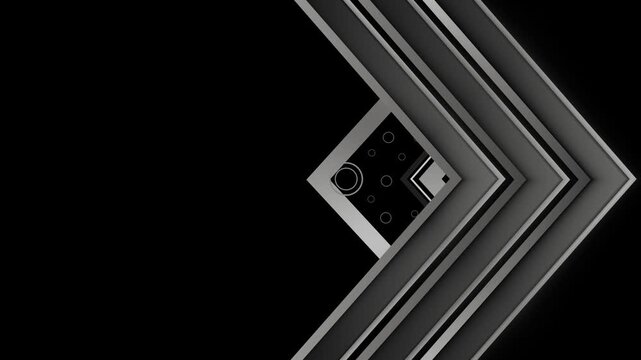 Abstract geometric composition angled squares layered chevrons with metallic gradients and circular accents animation