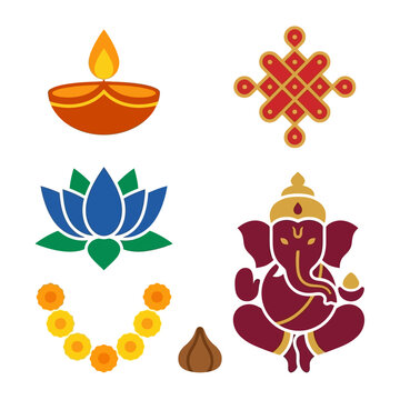 Set of traditional Hindu festival icons including Lord Ganesha and diya