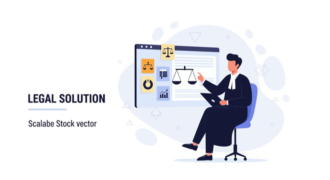 Lawyer in robe presenting legal solution on digital screen with scales of justice and data charts, vector illustration