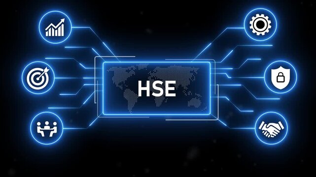 HSE &ndash; Health, Safety and Environment concept.futuristic blue technology background.4k animation video.