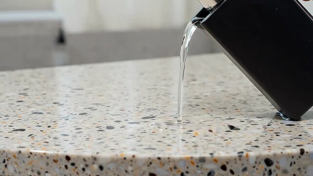 Speckled countertop surface with black object