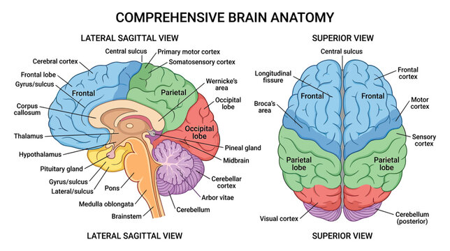 Human Brain Anatomy Diagram: Lateral Sagittal and Superior Views with Labels