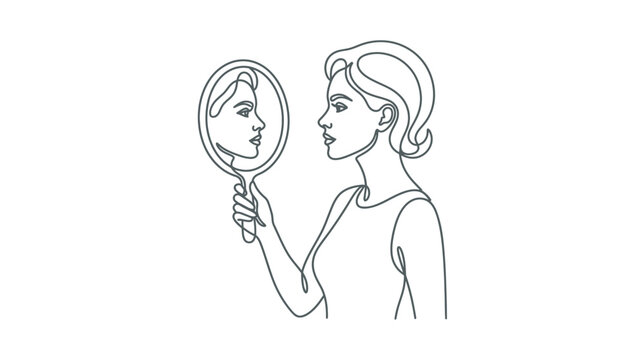 Woman looking in mirror, self reflection, identity, one line drawing, minimalist art