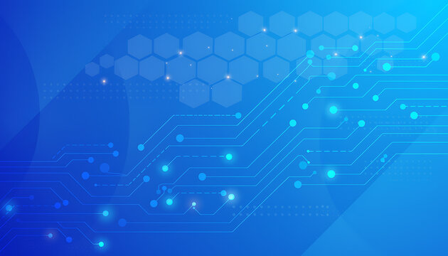 Abstract blue digital binary code and circuit pattern background, with glowing dots