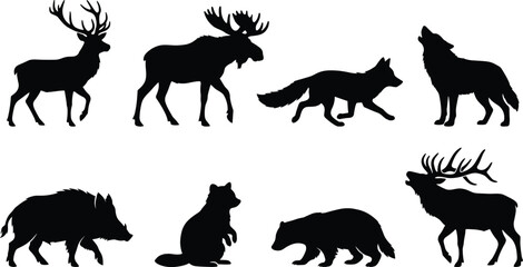 Obraz premium Forest Animal Silhouette Icons Featuring Deer, Moose, Fox, and More