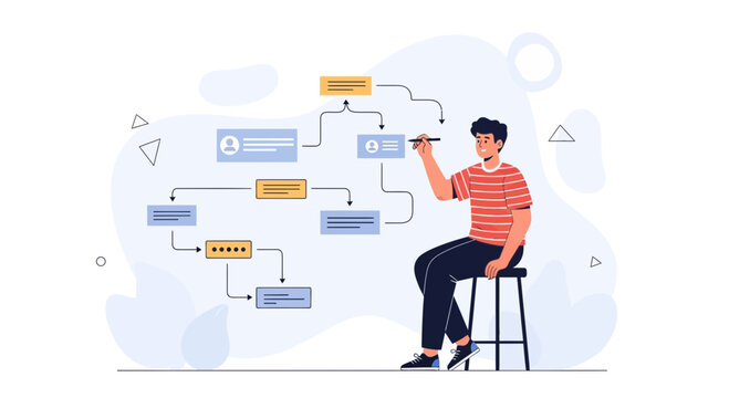 Man draws flowchart, business process, decision tree, strategy, organization chart, planning, workflow, project management concept