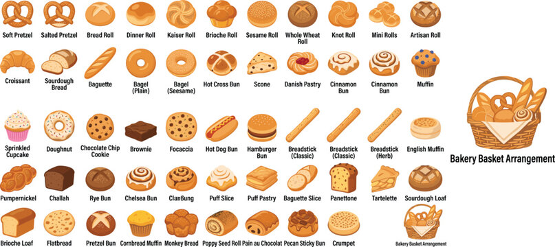 Bakery bread icons set, assorted pastry and yeast product collection, 55 flat vector food illustrations for menu design and grocery branding
