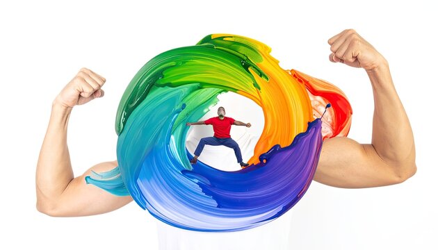 Mans Muscular Arms Embracing a Swirl of Vibrant Rainbow Paint with a Small Figure Inside.