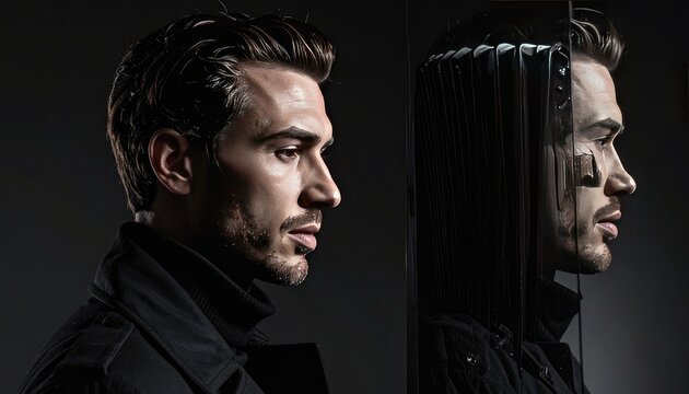 Mans Reflection in Mirror Showing Dual Personality and Inner Conflict.