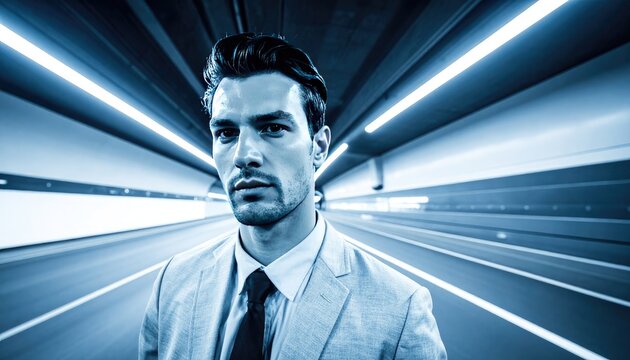 Man in Suit Standing in Fast Moving Tunnel with Streaking Lights.