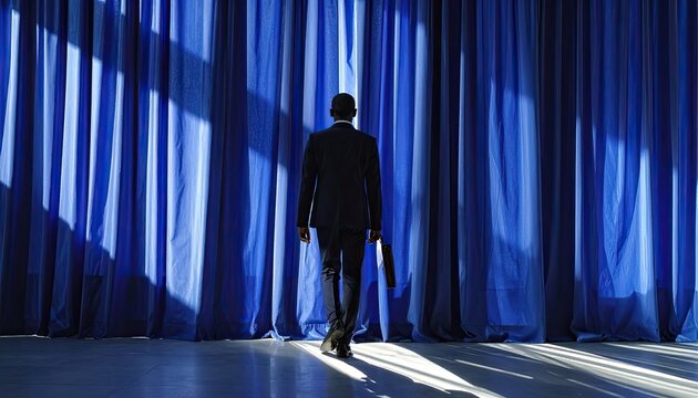 Man in Suit Walking Towards Blue Stage Curtains with Dramatic Lighting.