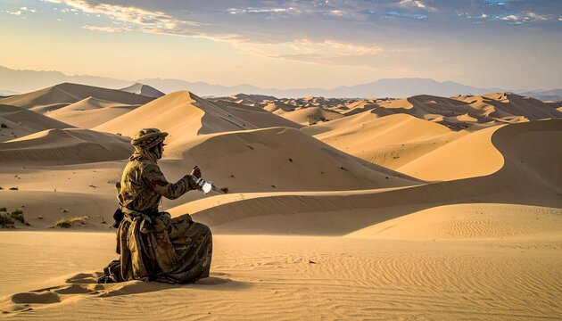 Man in traditional clothing kneeling in vast desert dunes at sunset.