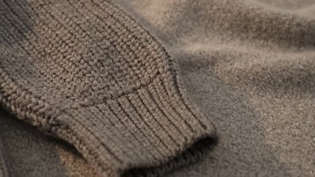 Brown knit sweater fabric texture closeup.