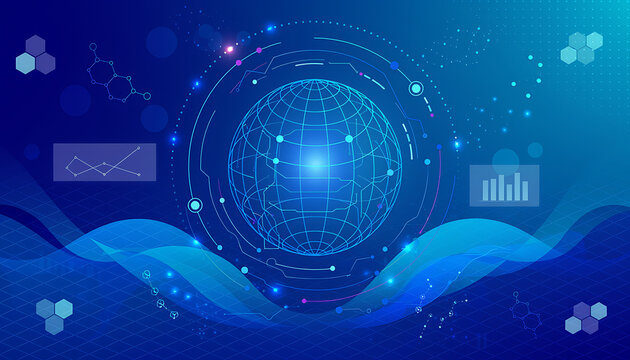 Abstract digital globe with glowing network connections, binary code, and data streams
