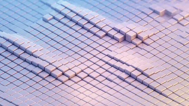 Abstract 3D render of glossy pastel cubes forming undulating grid terrain in blue, pink, lavender gradient. Voxel landscape, isometric blocks, smooth reflective surfaces, motion graphics animated past
