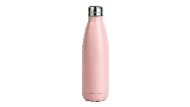 Pink metallic reusable water bottle isolated on transparent background for fitness mockup