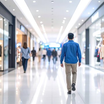 Man Walking Down Brightly Lit Modern Shopping Mall Corridor.