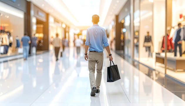 Man Walking Through Brightly Lit Shopping Mall Holding a Shopping Bag.