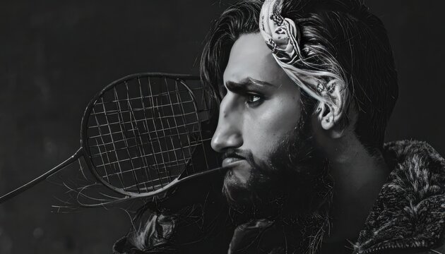 Man with Bandana and Tennis Racket in Dramatic Black and White Portrait.