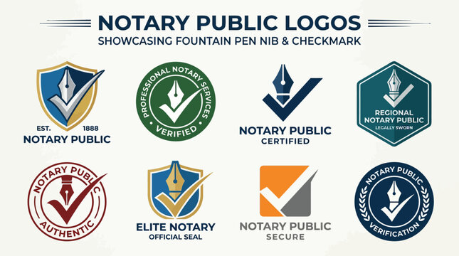 Notary Public Logos Collection: Fountain Pen Nib & Checkmark Seals for Legal Documents, Authentication, and Certification Services