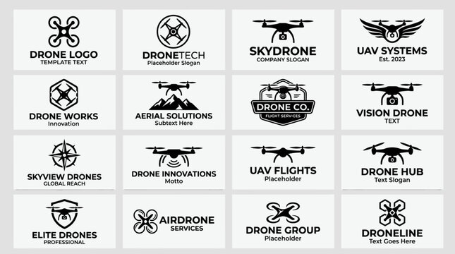 Drone Logo Collection: Modern Vector Icons for UAV Technology, Aerial Services, and Sky Surveillance Businesses