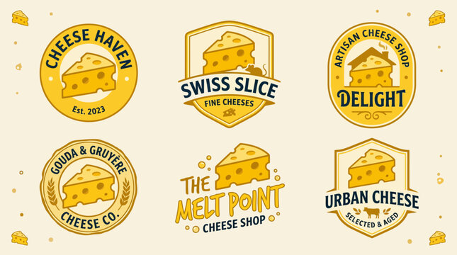 Collection of 6 Cheese Shop Logos with Swiss Cheese Slices - Dairy, Artisan, Food Branding & Design Elements