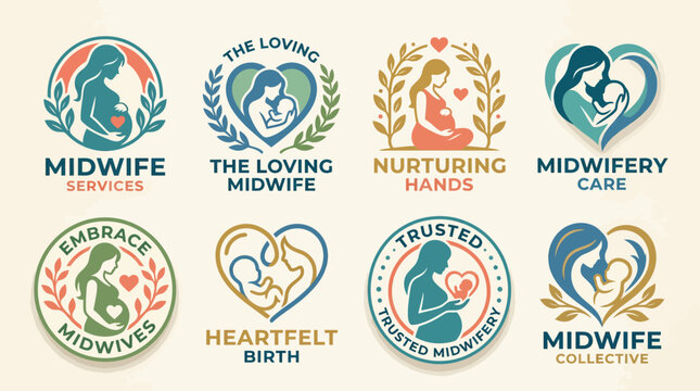 Pregnancy and Motherhood Logo Set: Midwife, Nurturing, Family, Care, Birth, Love, Healthcare, Support, Maternity, Woman