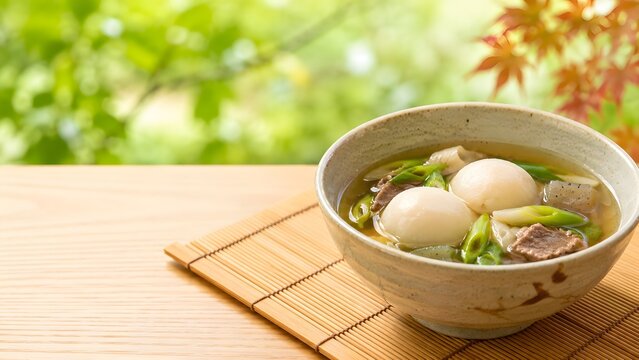 芋煮 里芋とねぎを盛った陶器の椀 初秋の和の汁物