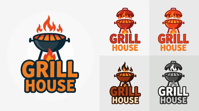 Barbecue Grill Logo Collection - Grilling Icon and "Grill House" Text Variations for Food Business Branding