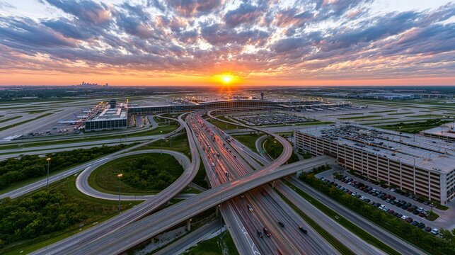 Aerial view of a busy airport terminal complex at sunset with highway interchange