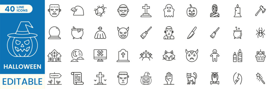 Halloween line icons set, spooky outline collection with pumpkin, ghost, vampire, mummy, Frankenstein, witch, spider, bat, skull, cemetery, candy, cross and horror symbols vector