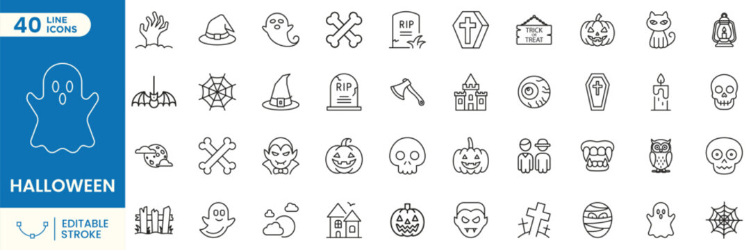 Halloween line icons set, spooky holiday outline symbols collection with ghost, pumpkin, witch hat, skull, bat, tombstone, vampire, coffin, spider, owl. Editable stroke