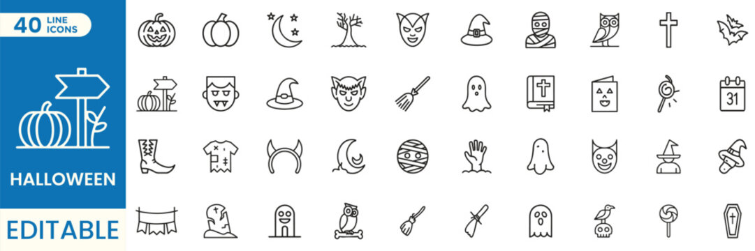 Halloween line icons set, spooky outline collection with pumpkin, ghost, vampire, mummy, Frankenstein, witch, spider, bat, skull, cemetery, candy, cross and horror symbols vector
