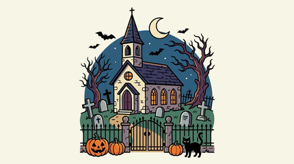 A spooky church stands in a graveyard during a dark Halloween night © anhdam